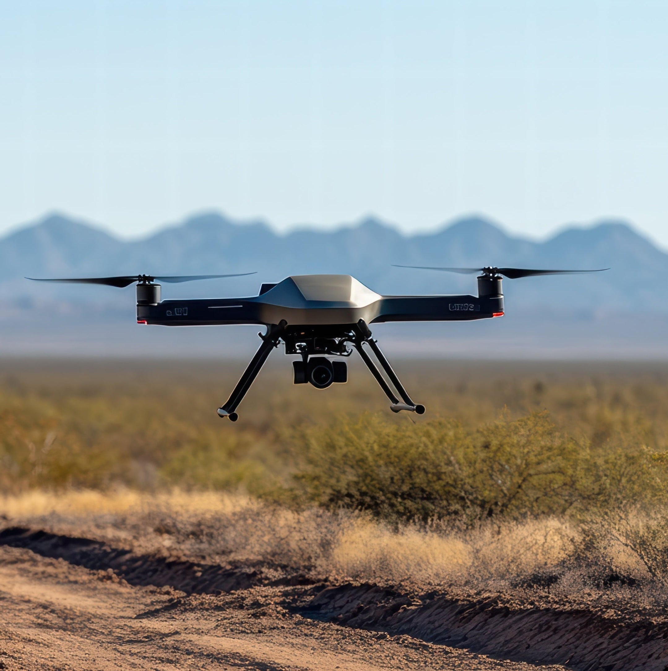 silver UAV over a desert landscape