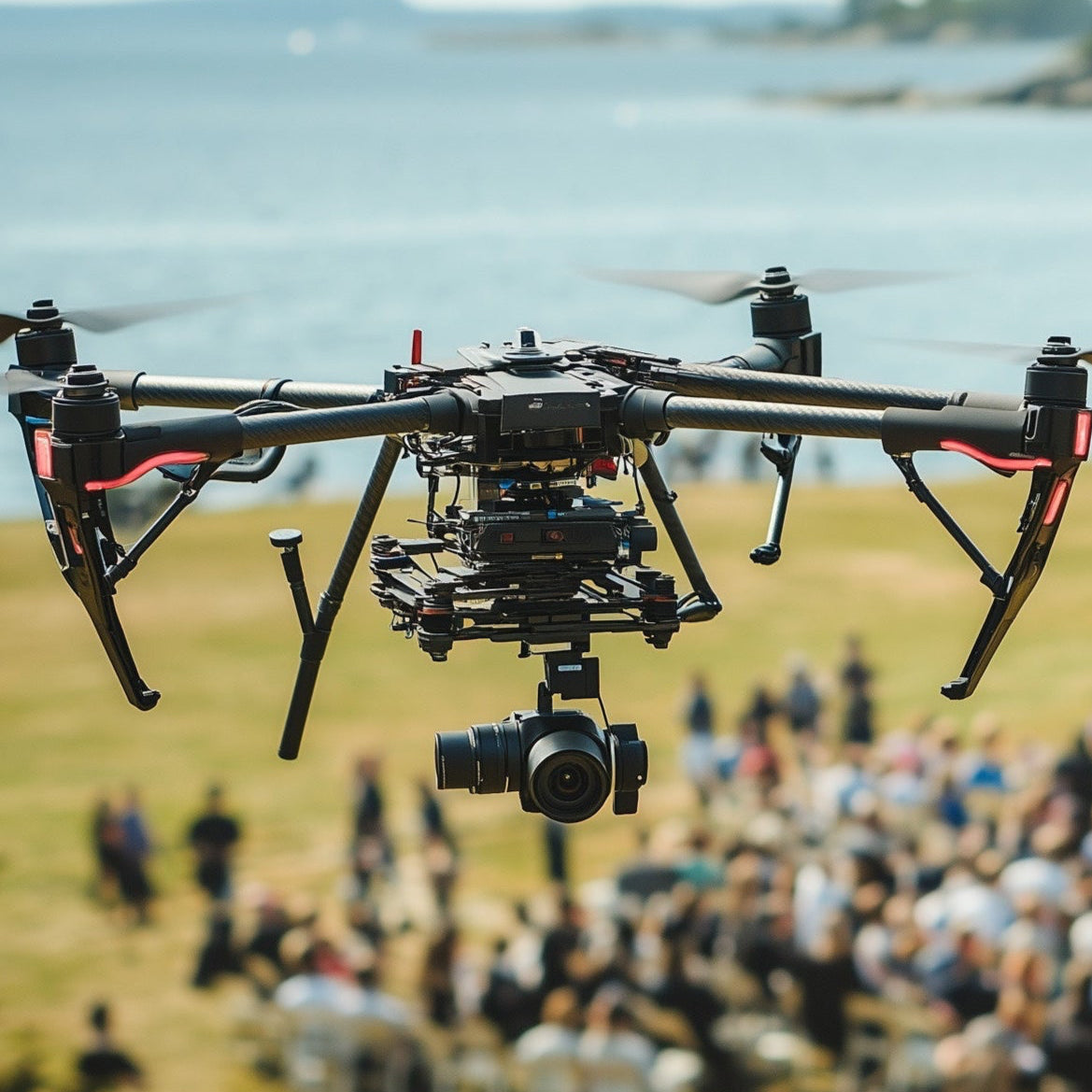 closeup of a uav over a crowd near a body of water