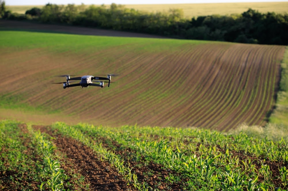 agricultural drone over a farm field